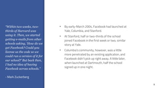 6
• By early-March 2004, Facebook had launched at
Yale, Columbia, and Stanford.
• At Stanford, half or two-thirds of the school
joined Facebook in the first week or two, similar
story at Yale.
• Columbia’s community, however, was a little
more penetrated by an existing application, and
Facebook didn’t pick up right away. A little later,
when launched at Dartmouth, half the school
signed up in one night.
“Within two weeks, two-
thirds of Harvard was
using it. Then, we started
getting e-mails from other
schools asking, ‘How do we
get Facebook? Could you
license us the code so we
could run a version of it for
our school?’ But back then,
I had no idea of having
Facebook across schools.”
- Mark Zuckerberg
 