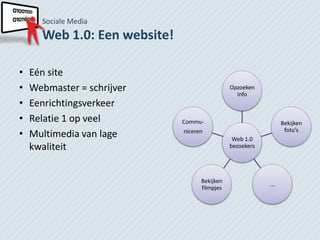 Sociale Media
      Web 1.0: Een website!

•   Eén site
•   Webmaster = schrijver                      Opzoeken
                                                 info
•   Eenrichtingsverkeer
•   Relatie 1 op veel         Commu-                             Bekijken
                                                                  foto’s
•   Multimedia van lage       niceren
                                                Web 1.0
    kwaliteit                                  bezoekers




                                    Bekijken
                                                           ...
                                    filmpjes
 