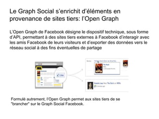 Le Graph Social s’enrichit d’éléments en 
provenance de sites tiers: l’Open Graph 
L’Open Graph de Facebook désigne le dispositif technique, sous forme 
d’API, permettant à des sites tiers externes à Facebook d’interagir avec 
les amis Facebook de leurs visiteurs et d’exporter des données vers le 
réseau social à des fins éventuelles de partage 
Formulé autrement, l’Open Graph permet aux sites tiers de se 
"brancher" sur le Graph Social Facebook. 
 
