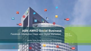 ABN AMRO Social Business
Facebook Interactive Class voor Digital Marketeer
Sander Nubé (Social Media Manager Particulieren)
Lex Dekkers (Business Development Internet & Mobiel)
Info.nl
6 juni 2013
 