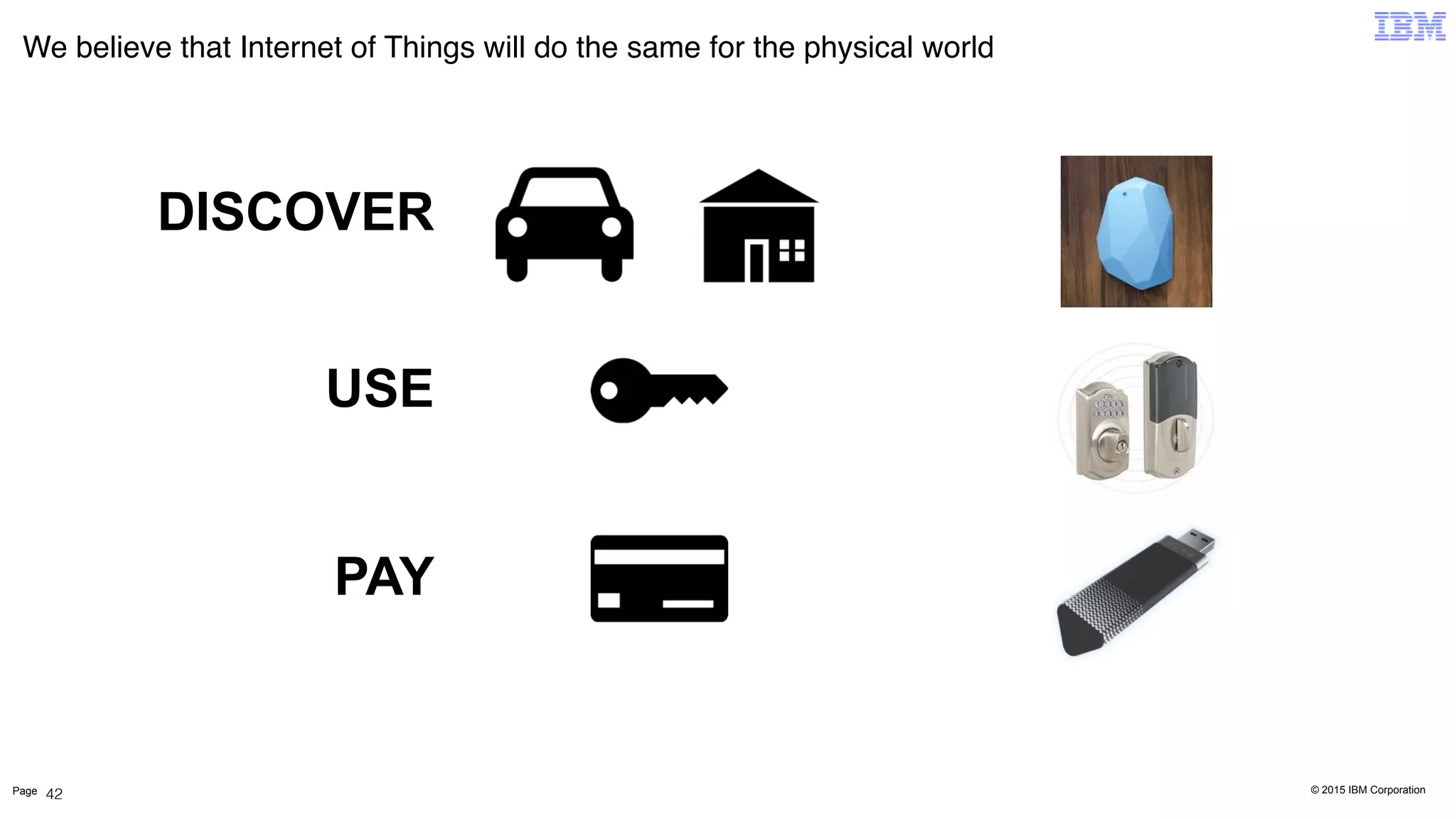 © 2015 IBM CorporationPage
We believe that Internet of Things will do the same for the physical world
42
DISCOVER
USE
PAY
 