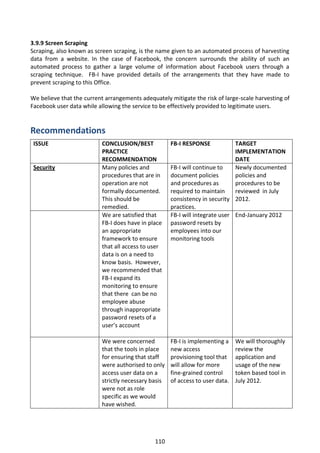 3.9.9 Screen Scraping
Scraping, also known as screen scraping, is the name given to an automated process of harvesting
data from a website. In the case of Facebook, the concern surrounds the ability of such an
automated process to gather a large volume of information about Facebook users through a
scraping technique. FB-I have provided details of the arrangements that they have made to
prevent scraping to this Office.

We believe that the current arrangements adequately mitigate the risk of large-scale harvesting of
Facebook user data while allowing the service to be effectively provided to legitimate users.


Recommendations
 ISSUE                     CONCLUSION/BEST            FB-I RESPONSE            TARGET
                           PRACTICE                                            IMPLEMENTATION
                           RECOMMENDATION                                      DATE
 Security                  Many policies and          FB-I will continue to    Newly documented
                           procedures that are in     document policies        policies and
                           operation are not          and procedures as        procedures to be
                           formally documented.       required to maintain     reviewed in July
                           This should be             consistency in security 2012.
                           remedied.                  practices.
                           We are satisfied that      FB-I will integrate user End-January 2012
                           FB-I does have in place    password resets by
                           an appropriate             employees into our
                           framework to ensure        monitoring tools
                           that all access to user
                           data is on a need to
                           know basis. However,
                           we recommended that
                           FB-I expand its
                           monitoring to ensure
                           that there can be no
                           employee abuse
                           through inappropriate
                           password resets of a
                           user’s account

                           We were concerned          FB-I is implementing a    We will thoroughly
                           that the tools in place    new access                review the
                           for ensuring that staff    provisioning tool that    application and
                           were authorised to only    will allow for more       usage of the new
                           access user data on a      fine-grained control      token based tool in
                           strictly necessary basis   of access to user data.   July 2012.
                           were not as role
                           specific as we would
                           have wished.




                                               110
 