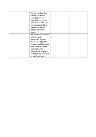 We are satisfied that
there is no realistic
security threat to a
user photo from their
upload to Akamai. We
are also satisfied that
there is no realistic
threat to a deleted
image
We believe that current
arrangements
adequately mitigate
the risk of large-scale
harvesting of Facebook
user data via “screen
scraping” while
allowing the service to
be effectively provided
to legitimate users.




                   111
 