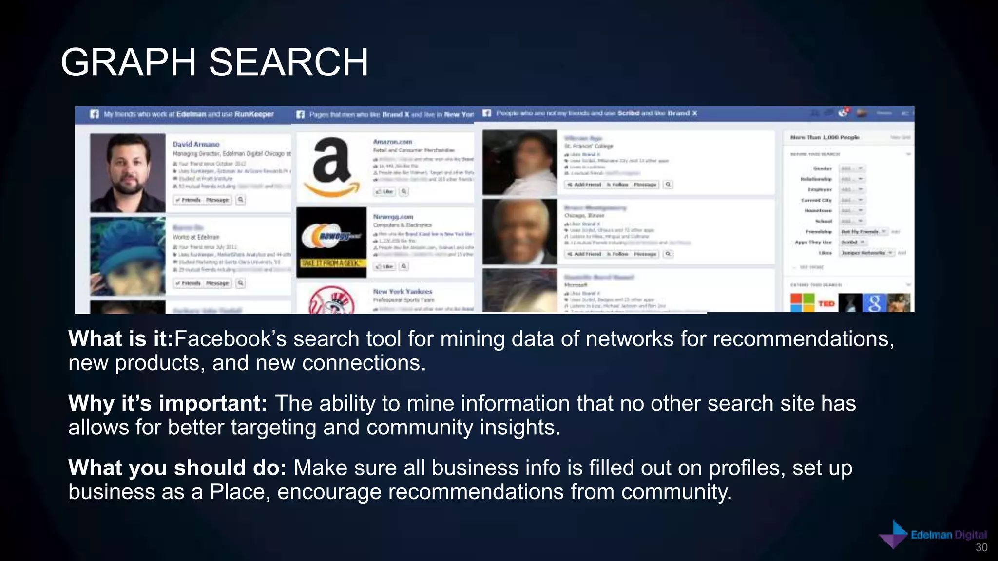 GRAPH SEARCH




What is it:Facebook’s search tool for mining data of networks for recommendations,
new products, and new connections.
Why it’s important: The ability to mine information that no other search site has
allows for better targeting and community insights.
What you should do: Make sure all business info is filled out on profiles, set up
business as a Place, encourage recommendations from community.

                                                                                     30
 