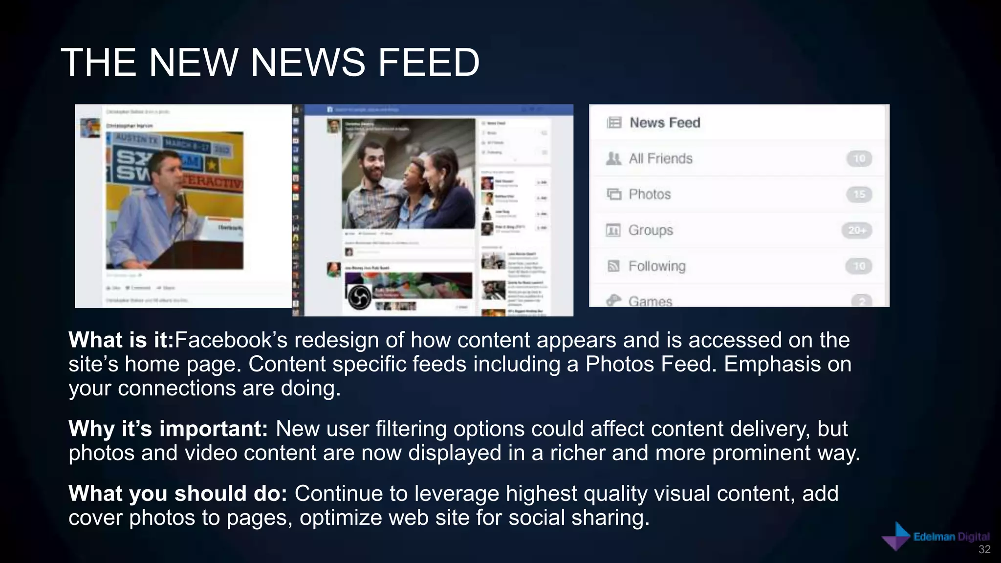 THE NEW NEWS FEED




What is it:Facebook’s redesign of how content appears and is accessed on the
site’s home page. Content specific feeds including a Photos Feed. Emphasis on
your connections are doing.
Why it’s important: New user filtering options could affect content delivery, but
photos and video content are now displayed in a richer and more prominent way.
What you should do: Continue to leverage highest quality visual content, add
cover photos to pages, optimize web site for social sharing.
                                                                                    32
 