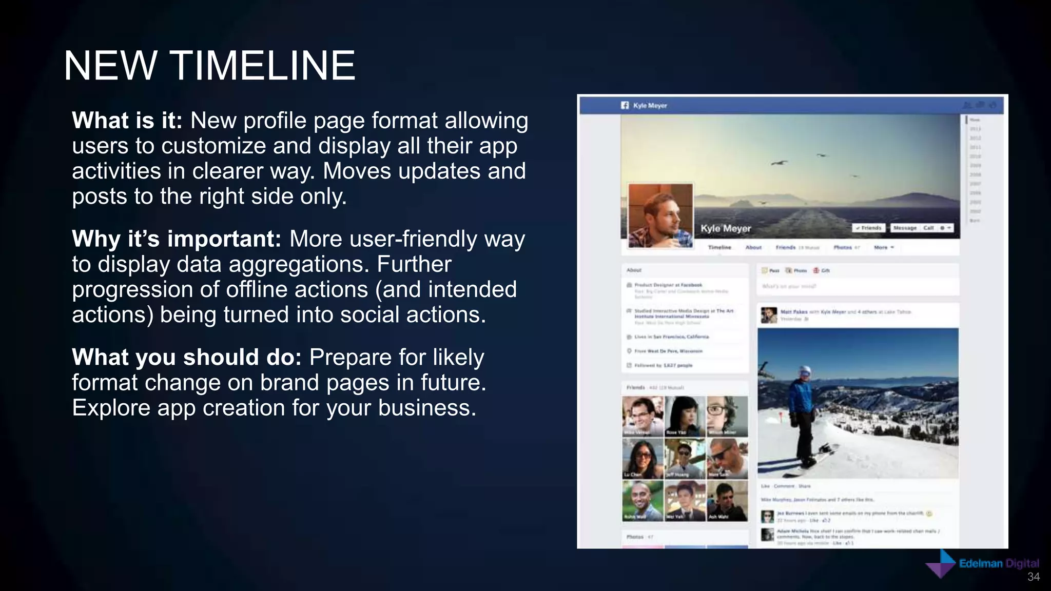 NEW TIMELINE
What is it: New profile page format allowing
users to customize and display all their app
activities in clearer way. Moves updates and
posts to the right side only.
Why it’s important: More user-friendly way
to display data aggregations. Further
progression of offline actions (and intended
actions) being turned into social actions.
What you should do: Prepare for likely
format change on brand pages in future.
Explore app creation for your business.




                                               34
 