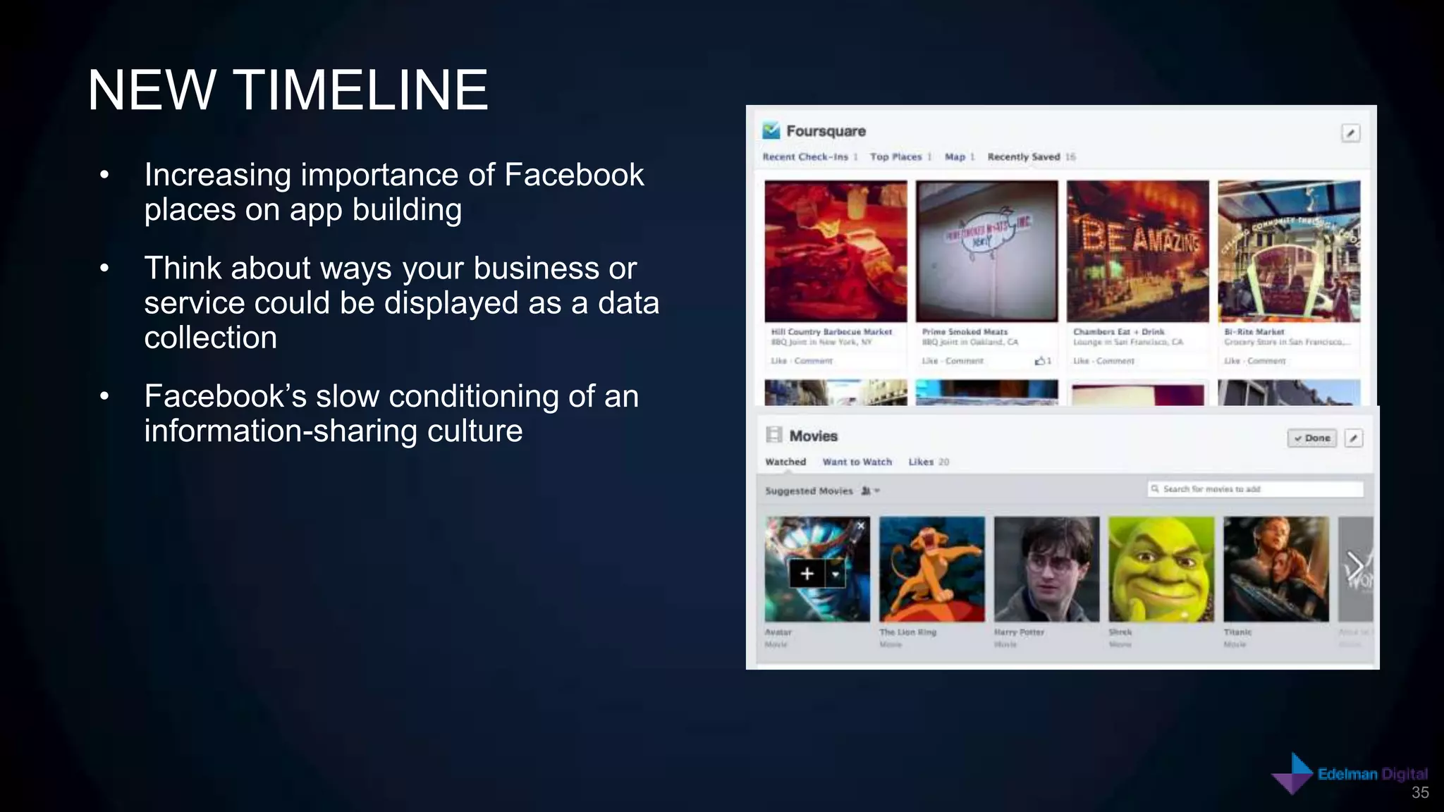 NEW TIMELINE
•   Increasing importance of Facebook
    places on app building
•   Think about ways your business or
    service could be displayed as a data
    collection
•   Facebook’s slow conditioning of an
    information-sharing culture




                                           35
 
