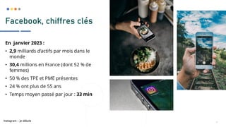 8
En janvier 2023 :
• 2,9 milliards d’actifs par mois dans le
monde
• 30,4 millions en France (dont 52 % de
femmes)
• 50 % des TPE et PME présentes
• 24 % ont plus de 55 ans
• Temps moyen passé par jour : 33 min
Instagram – je débute
Facebook, chiffres clés
 