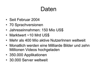 Daten Seit Februar 2004 70 Sprachversionen Jahreseinnahmen: 150 Mio US$ Marktwert ~10 Mrd US$ Mehr als 400 Mio aktive NutzerInnen weltweit Monatlich werden eine Milliarde Bilder und zehn Millionen Videos hochgeladen 350.000 Applikationen 30.000 Server weltweit 