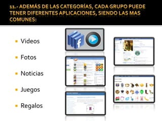 12.- Facebook es un ejemplo perfecto para describir la Web 2.0, la interaccion entre los usuarios de  una empresa ese convierte en la protagonista, debido a:Se genera comunicación multidireccional,Utiliza recursos multimedia que ofrece la tecnología, Permite que las empresas extraigan la mayor información de sus usuarios,Permiten conocer sus  gustos, costumbres, e intereses, Permite hacer un análisis con las tendencias del mercado para  ofrecer productos y servicios que piden sus clientes, Da concer su marca Corporativa.