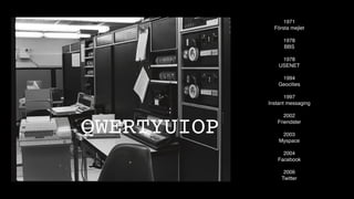 1971!
Första mejlet!
!
1978!
BBS!
!
1978!
USENET!
!
1994!
Geocities!
!
1997!
Instant messaging!
!
2002!
Friendster!
!
2003!
Myspace!
!
2004!
Facebook!
!
2006!
Twitter
QWERTYUIOP
 
