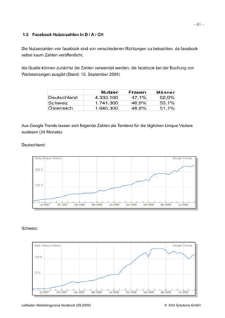 - 41 -

1.5 Facebook Nutzerzahlen in D / A / CH


Die Nutzerzahlen von facebook sind von verschiedenen Richtungen zu betrachten, da facebook
selbst kaum Zahlen veröffentlicht.


Als Quelle können zunächst die Zahlen verwendet werden, die facebook bei der Buchung von
Werbeanzeigen ausgibt (Stand: 15. September 2009)



                                                  Nutzer   Frauen      Männer
                Deutschland                    4.333.160    47,1%        52,9%
                Schweiz                        1.741.360    46,9%        53,1%
                Österreich                     1.046.300    48,9%        51,1%



Aus Google Trends lassen sich folgende Zahlen als Tendenz für die täglichen Unique Visitors
auslesen (24 Monate):


Deutschland:




Schweiz:




Leitfaden Marketingpraxis facebook (09.2009)                               © Xihit Solutions GmbH
 