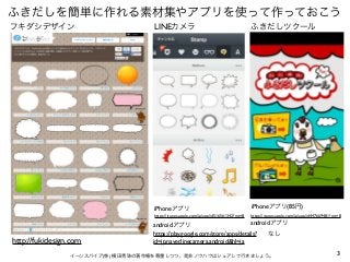 3イーンスパイア(株) 横田秀珠の著作権を尊重しつつ、是非ノウハウはシェアして行きましょう。
ふきだしを簡単に作れる素材集やアプリを使って作っておこう
http://fukidesign.com
フキダシデザイン LINEカメラ
https:/...