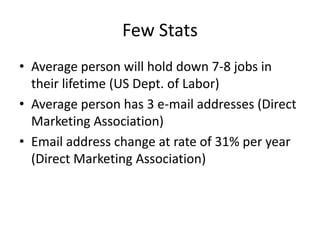 Few Stats
• Average person will hold down 7-8 jobs in
  their lifetime (US Dept. of Labor)
• Average person has 3 e-mail addresses (Direct
  Marketing Association)
• Email address change at rate of 31% per year
  (Direct Marketing Association)
 