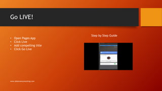 Go LIVE!
www.debevansconsulting.com
• Open Pages App
• Click Live
• Add compelling title
• Click Go Live
Step by Step Guide
 