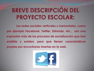 Las redes sociales verticales u horizontales, como
por ejemplo Facebook, Twitter, Edmodo, etc., son una
expresión más de los procesos de socialización que han
existido y existen, pero que tienen características
propias por encontrarse insertas en la web.
 