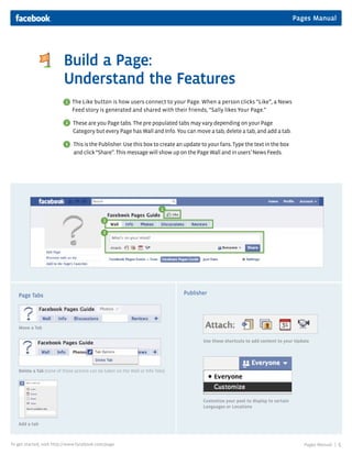 Pages Manual
Pages Manual | 5To get started, visit http://www.facebook.com/page
Build a Page:
Understand the Features
The Like button is how users connect to your Page. When a person clicks “Like”, a News
Feed story is generated and shared with their friends, “Sally likes Your Page.”
These are you Page tabs. The pre populated tabs may vary depending on your Page
Category but every Page has Wall and Info. You can move a tab, delete a tab, and add a tab.
This is the Publisher. Use this box to create an update to your fans. Type the text in the box
and click “Share”. This message will show up on the Page Wall and in users’ News Feeds.
Page Tabs
Move a Tab
Add a tab
Use these shortcuts to add content to your Update
Customize your post to display to certain
Languages or Locations
Delete a Tab (none of these actions can be taken on the Wall or Info Tabs)
Publisher
1
2
3
1
2
3
 