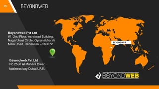 BEYONDWEB
BEYONDWEB
13
Beyondweb Pvt Ltd
#1, 2nd Floor, Ashriwad Building,
Nagarbhavi Circle, Gynanabharati
Main Road, Bengaluru – 560072
Beyondweb Pvt Ltd
No 2508 Al Manara tower
business bay,Dubai,UAE.
 