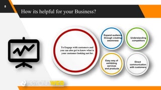 How its helpful for your Business?
8
To Engage with customers and
you can also get to know what is
your customer looking out for.
Expand audience
through creating
awareness
Easy way of
exhibiting
services
and products
Direct
communication
with customers
Understanding
competitors
 