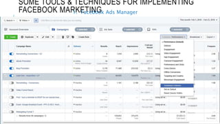 SOME TOOLS & TECHNIQUES FOR IMPLEMENTING
FACEBOOK MARKETING1. Facebook Ads Manager
 
