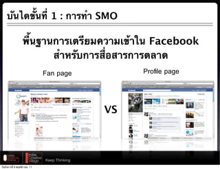 บันไดขั้นที่ 1 : การทํา SMO

                  พื้นฐานการเตรียมความเข้าใน Facebook
                          สําหรับการสื่อสารการตลาด
                       Fan page               Proﬁle page


                                              VS



                              Keep Thinking
วันอังคารที่ 8 พฤศจิกายน 11
 