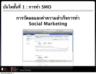 บันไดขั้นที่ 1 : การทํา SMO

                              การวัดผลและค่าความสําเร็จการทํา
                                    Social Marketing

                                               Text




                               Keep Thinking
วันอังคารที่ 8 พฤศจิกายน 11
 