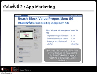 บันไดขั้นที่ 2 : App Marketing


                              ;(&'<#=7.'9#4&7>(#61.%.2+,+.*?#$@#
                              (A&/%7( P.,3#- &$04/@&$% U$%#%)3)$- G@J
                              # IJ) #$5 G@

                                                 First 3 imps. of every user over 24
                                                 hrs
                                                 ! Impressions guaranteed:  2.7m
                                                 ! Estimated unique users:  1.2m
                                                 ! Average imp delivered:   3.1m
                                                 ! eCPM:                    US$2.58


                                                  !-(6,-9*)-9I0+,'0<9'3;-0*+/-09
                                                   !"#$%&'%(!)$*%!+%,-.#/!!01*%
                                                   )+>)5<9*0'22+(@-39J6,-I'>-9
                                                   0-'()+1>9'9I6*-1*+'59KLM,N9
                                                             '.3+-1(-
                                                                      O%-5+;-0<9P9(6/*9/.:Q-(*9*69,'0@-*9
                                                                                            25.(*.'*+61/L




                               Keep Thinking
วันอังคารที่ 8 พฤศจิกายน 11
 