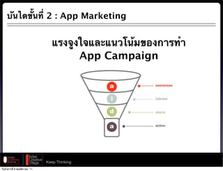 บันไดขั้นที่ 2 : App Marketing


                                แรงจูงใจและแนวโน้มของการทํา
                                      App Campaign




                              Keep Thinking
วันอังคารที่ 8 พฤศจิกายน 11
 
