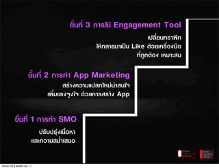 ขั้นที่ 3 การใช Engagement Tool
                                                                         เปลี่ยนทราฟค
                                                   ใหกลายมาเปน Like ดวยเครื่องมือ
                                                                   ที่ถูกตอง เหมาะสม

                        ขั้นที่ 2 การทำ App Marketing
                                        สรางความแปลกใหมนาสนใจ
                                 เพ่ิมแรงจูงใจ ดวยการสราง App


            ขั้นที่ 1 การทำ SMO
                             ปรับปรุงเนื้อหา
                          และความสม่ำเสมอ

วันอังคารที่ 8 พฤศจิกายน 11
 