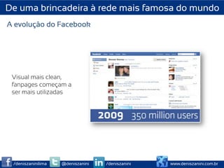 De uma brincadeira à rede mais famosa do mundo
A evolução do Facebook




 Visual mais clean,
 fanpages começam a
 ser mais utilizadas




 /deniszaninilima   @deniszanini   /deniszanini   www.deniszanini.com.br
 