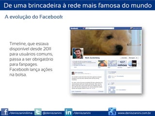 De uma brincadeira à rede mais famosa do mundo
A evolução do Facebook




 Timeline, que estava
 disponível desde 2011
 para usuários comuns,
 passa a ser obrigatório
 para fanpages.
 Facebook lança ações
 na bolsa.




 /deniszaninilima   @deniszanini   /deniszanini   www.deniszanini.com.br
 
