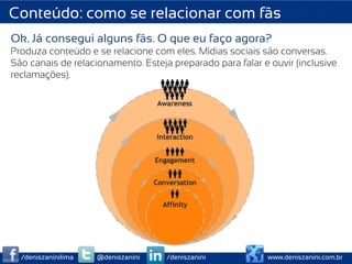 Conteúdo: como se relacionar com fãs
Ok. Já consegui alguns fãs. O que eu faço agora?
Produza conteúdo e se relacione com eles. Mídias sociais são conversas.
São canais de relacionamento. Esteja preparado para falar e ouvir (inclusive
reclamações).




  /deniszaninilima   @deniszanini   /deniszanini           www.deniszanini.com.br
 