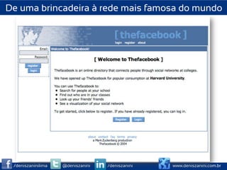 De uma brincadeira à rede mais famosa do mundo




 /deniszaninilima   @deniszanini   /deniszanini   www.deniszanini.com.br
 