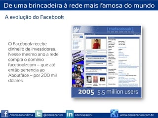 De uma brincadeira à rede mais famosa do mundo
A evolução do Facebook




 O Facebook recebe
 dinheiro de investidores.
 Nesse mesmo ano a rede
 compra o domínio
 facebook.com – que até
 então pertencia ao
 Aboutface – por 200 mil
 dólares.




 /deniszaninilima   @deniszanini   /deniszanini   www.deniszanini.com.br
 