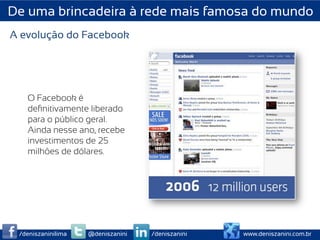 De uma brincadeira à rede mais famosa do mundo
A evolução do Facebook




   O Facebook é
   deﬁnitivamente liberado
   para o público geral.
   Ainda nesse ano, recebe
   investimentos de 25
   milhões de dólares.




 /deniszaninilima   @deniszanini   /deniszanini   www.deniszanini.com.br
 