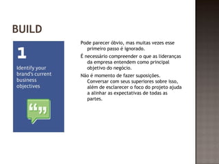 BUILD 
Pode parecer óbvio, mas muitas vezes esse 
primeiro passo é ignorado. 
É necessário compreender o que as lideranças 
da empresa entendem como principal 
objetivo do negócio. 
Não é momento de fazer suposições. 
Conversar com seus superiores sobre isso, 
além de esclarecer o foco do projeto ajuda 
a alinhar as expectativas de todas as 
partes. 
 