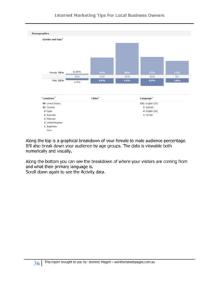 Internet Marketing Tips For Local Business Owners




Along the top is a graphical breakdown of your female to male audience percentage.
It’ll also break down your audience by age groups. The data is viewable both
numerically and visually.

Along the bottom you can see the breakdown of where your visitors are coming from
and what their primary language is.
Scroll down again to see the Activity data.




         This report brought to you by: Dominic Magerl – workhorsewebpages.com.au
    36
 