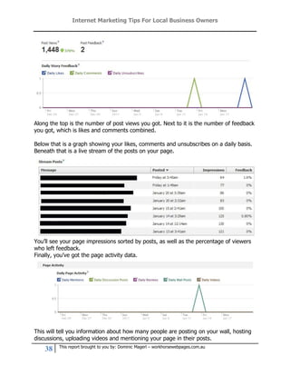 Internet Marketing Tips For Local Business Owners




Along the top is the number of post views you got. Next to it is the number of feedback
you got, which is likes and comments combined.

Below that is a graph showing your likes, comments and unsubscribes on a daily basis.
Beneath that is a live stream of the posts on your page.




You’ll see your page impressions sorted by posts, as well as the percentage of viewers
who left feedback.
Finally, you’ve got the page activity data.




This will tell you information about how many people are posting on your wall, hosting
discussions, uploading videos and mentioning your page in their posts.
         This report brought to you by: Dominic Magerl – workhorsewebpages.com.au
    38
 