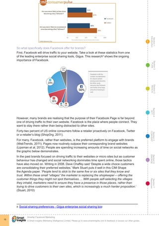 Section1
Introduction
Section6
ENGAGE
Section7
Resources
Section5
CONVERT
Section4
ACT
Section3
REACH
Section2
PLAN
© Smart Insights (Marketing Intelligence) Limited. Please go to www.smartinsights.com to feedback or access our other guides.
Smarter Facebook Marketing
!
15
1
So what specifically does Facebook offer for brands?
First, Facebook will drive traffic to your website. Take a look at these statistics from one
of the leading enterprise social sharing tools, Gigya. This research8
shows the ongoing
importance of Facebook.
However, many brands are realising that the purpose of their Facebook Page is far beyond
one of driving traffic to their own website. Facebook is the place where people connect. They
want to stay there rather than being distracted to other sites.
Forty-two percent of US online consumers follow a retailer proactively on Facebook, Twitter
or a retailer’s blog (ShopOrg, 2011).
For many, Facebook, rather than websites, is the preferred platform to engage with brands
(WebTrends, 2011). Pages now routinely outpace their corresponding brand websites
(Lipsman et al, 2012). People are spending increasing amounts of time on social networks as
the graphic below demonstrates.
In the past brands focused on driving traffic to their websites or micro sites but as customer
behaviour has changed and social networking dominates time spent online, those tactics
have also moved on. Writing in 2008, Dave Chaffey said ‘Despite a wide choice customers
are consolidating their preferred websites.’ Mark Stuart puts it well in this CIM Shape
the Agenda paper. ‘People tend to stick to the same five or six sites that they know and
trust. Within these small “villages” the marketer is replacing the shopkeeper – offering the
customer things they might not spot themselves…. With people self-selecting the villages
they inhabit, marketers need to ensure they have a presence in those places, rather than
trying to drive customers to their own sites, which is increasingly a much harder proposition.’
(Stuart, 2010)
8  Social sharing preferences - Gigya enterprise social sharing tool
 