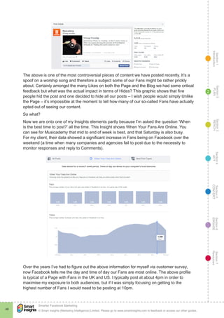 Section1
Introduction
Section6
ENGAGE
Section7
Resources
Section5
CONVERT
Section4
ACT
Section3
REACH
Section2
PLAN
© Smart Insights (Marketing Intelligence) Limited. Please go to www.smartinsights.com to feedback or access our other guides.
Smarter Facebook Marketing
!
46
2
The above is one of the most controversial pieces of content we have posted recently. It’s a
spoof on a worship song and therefore a subject some of our Fans might be rather prickly
about. Certainly amongst the many Likes on both the Page and the Blog we had some critical
feedback but what was the actual impact in terms of Hides? This graphic shows that five
people hid the post and one decided to hide all our posts – I wish people would simply Unlike
the Page – it’s impossible at the moment to tell how many of our so-called Fans have actually
opted out of seeing our content.
So what?
Now we are onto one of my Insights elements partly because I’m asked the question ‘When
is the best time to post?’ all the time. This Insight shows When Your Fans Are Online. You
can see for Musicademy that mid to end of week is best, and that Saturday is also busy.
For my client, their data showed a significant increase in Fans being on Facebook over the
weekend (a time when many companies and agencies fail to post due to the necessity to
monitor responses and reply to Comments).
Over the years I’ve had to figure out the above information for myself via customer survey,
now Facebook tells me the day and time of day our Fans are most online. The above profile
is typical of a Page with Fans in the UK and US. I typically post at about 4pm in order to
maximise my exposure to both audiences, but if I was simply focusing on getting to the
highest number of Fans I would need to be posting at 10pm.
 