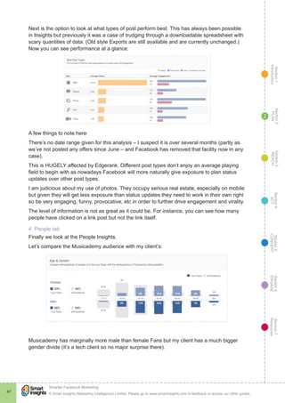 Section1
Introduction
Section6
ENGAGE
Section7
Resources
Section5
CONVERT
Section4
ACT
Section3
REACH
Section2
PLAN
© Smart Insights (Marketing Intelligence) Limited. Please go to www.smartinsights.com to feedback or access our other guides.
Smarter Facebook Marketing
!
47
2
Next is the option to look at what types of post perform best. This has always been possible
in Insights but previously it was a case of trudging through a downloadable spreadsheet with
scary quantities of data. (Old style Exports are still available and are currently unchanged.)
Now you can see performance at a glance:
A few things to note here:
There’s no date range given for this analysis – I suspect it is over several months (partly as
we’ve not posted any offers since June – and Facebook has removed that facility now in any
case).
This is HUGELY affected by Edgerank. Different post types don’t enjoy an average playing
field to begin with as nowadays Facebook will more naturally give exposure to plan status
updates over other post types.
I am judicious about my use of photos. They occupy serious real estate, especially on mobile
but given they will get less exposure than status updates they need to work in their own right
so be very engaging, funny, provocative, etc in order to further drive engagement and virality.
The level of information is not as great as it could be. For instance, you can see how many
people have clicked on a link post but not the link itself.
4. People tab
Finally we look at the People Insights.
Let’s compare the Musicademy audience with my client’s:
Musicademy has marginally more male than female Fans but my client has a much bigger
gender divide (it’s a tech client so no major surprise there).
 