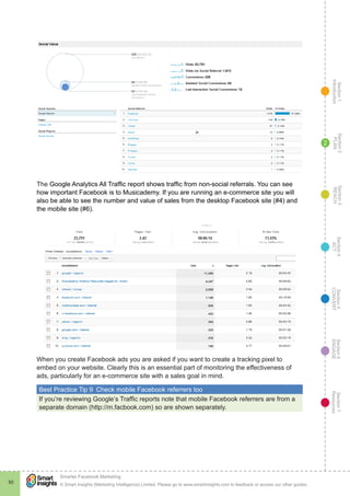 Section1
Introduction
Section6
ENGAGE
Section7
Resources
Section5
CONVERT
Section4
ACT
Section3
REACH
Section2
PLAN
© Smart Insights (Marketing Intelligence) Limited. Please go to www.smartinsights.com to feedback or access our other guides.
Smarter Facebook Marketing
!
50
2
The Google Analytics All Traffic report shows traffic from non-social referrals. You can see
how important Facebook is to Musicademy. If you are running an e-commerce site you will
also be able to see the number and value of sales from the desktop Facebook site (#4) and
the mobile site (#6).
When you create Facebook ads you are asked if you want to create a tracking pixel to
embed on your website. Clearly this is an essential part of monitoring the effectiveness of
ads, particularly for an e-commerce site with a sales goal in mind.
Best Practice Tip 9  Check mobile Facebook referrers too
If you’re reviewing Google’s Traffic reports note that mobile Facebook referrers are from a
separate domain (http://m.facbook.com) so are shown separately.
 