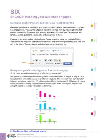 Section1
Introduction
Section6
ENGAGE
Section7
Resources
Section5
CONVERT
Section4
ACT
Section3
REACH
Section2
PLAN
© Smart Insights (Marketing Intelligence) Limited. Please go to www.smartinsights.com to feedback or access our other guides.
Smarter Facebook Marketing
!
97
SIX
ENGAGE: Keeping your audience engaged
Managing publishing schedules for your Facebook profile
Gaining a good level of visibility for your posts on a Fan’s Wall is half the battle for ongoing
Fan engagement. ‘Playing’ the Edgerank algorithm will help here by including the kind of
content favoured by Edgerank. Also learning what kind of content your Fans engage with
(photos, quotes, questions, videos, etc) and using more of those.
It’s easy to set up an update into the future. Create a post as usual but instead of hitting
‘Post’ select the clockface on the bottom left of box and click through to schedule a time and
day in the future. You can always undo this later using the Activity log.
Using a range of content types or formats to engage
rr Q. Have we reviewed our range of effective content types?
We gave a lot of examples of different types of Shareable content to inspire in Step 4. Let’s
look at content formats to engage in a different way here. This research from Dan Zarrella24
is based on data on more than 1.3 million posts published on the top 10,000 pages. It clearly
shows the value of mixing up your different content types when posting and, in particular,
using Photos to encourage interaction and sharing.
24  Dan Zarrella: Data on Facebook sharing.
 