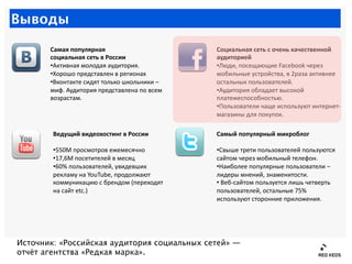 Выводы

       Самая(популярная((                       Социальная(сеть(с(очень(качественной(
       социальная(сеть(в(Рос...