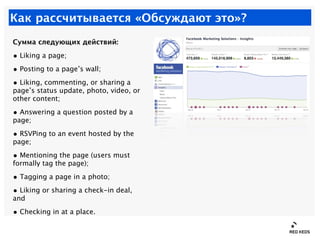 Как рассчитывается «Обсуждают это»?
Сумма следующих действий:

• Liking a page;
• Posting to a page’s wall;
• Liking, comm...