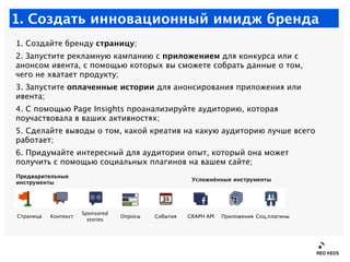 1. Создать инновационный имидж бренда
1. Создайте бренду страницу;
2. Запустите рекламную кампанию с приложением для конку...