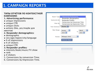 1. CAMPAIGN REPORTS

ТИПЫ ОТЧЁТОВ ПО КОНТЕКСТНОЙ
КАМПАНИИ:
1. Advertising performance:
• unique impressions
• unique CTR
•...