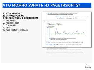 ЧТО МОЖНО УЗНАТЬ ИЗ PAGE INSIGHTS?

СТАТИСТИКА ПО
ВЗАИМОДЕЙСТВИЮ
ПОЛЬЗОВАТЕЛЕЙ С КОНТЕНТОМ:
1. Post views
2. Post feedback...