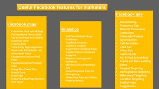 Useful Facebook features for marketers
Facebook page
• Customize the Look of Page
• Pin Important Posts at the
Top of the Page forVisibility
• Facebook store
• Creative Hub
• Third-Party Tag Integration
• Block Lists & Publisher List
• Automated Rules
• Engagement Ads onWall
Posts
• Page Moderation/Profanity
Filter
• ImageText CheckTool
• Drag & Drop
• Event App
• Featured Likes/Page Owners
• PostTypes
Analytics
• A/BTest MultipleTarget
Audiences
• Facebook Analytics
• Audience Insights
• ExportYour Facebook Page
Insights Data for Business
Analytics
• Research and segment
audiences
• Monitor your competitors'
Ads
• Install Facebook Pixel for
Retargeting
• WhenYour Fans Are Online
• Pages to Watch
Facebook ads
• Remarketing
• Frequency Cap
• Website Conversion
Campaigns
• Campaign Budget
Optimization
• Call-To-Action
• Lead Ads
• Video Ads
• Carousel Ads
• Ad & Post Scheduling
• Create ads from existing
posts
• InterestTargeting
• DemographicTargeting
• Behavioral Targeting
• LocationTargeting
• Similar Page
Suggestions
 