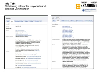 Info-Tab:   Platzierung relevanter Keywords und externer Verlinkungen 